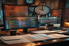 A competitive writer's desk with multiple glowing monitors displaying flowing text and productivity metrics, scattered notebooks with AI-generated outlines, coffee cup, and a clock showing rapid time