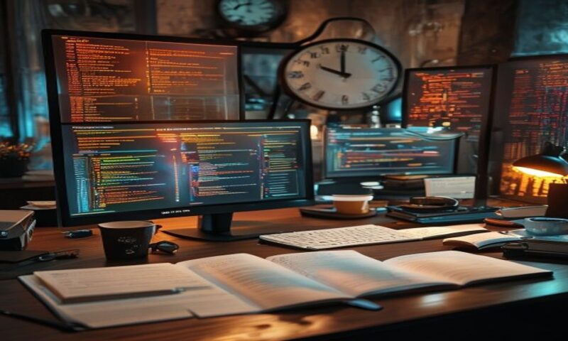 A competitive writer's desk with multiple glowing monitors displaying flowing text and productivity metrics, scattered notebooks with AI-generated outlines, coffee cup, and a clock showing rapid time
