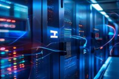 Sleek European data center server room with glowing fiber optic cables, EU flag subtle in background, digital lock symbol floating above secure servers, cool blue lighting, cinematic, professional pho