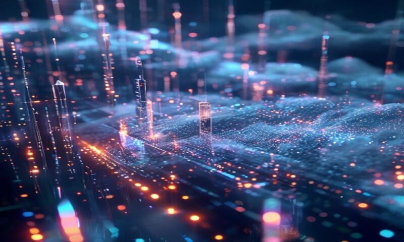 Digital streams of video data flowing through crystalline cloud infrastructure, frames multiplying across translucent layers, light refracting through geometric prisms, representing real-time video an
