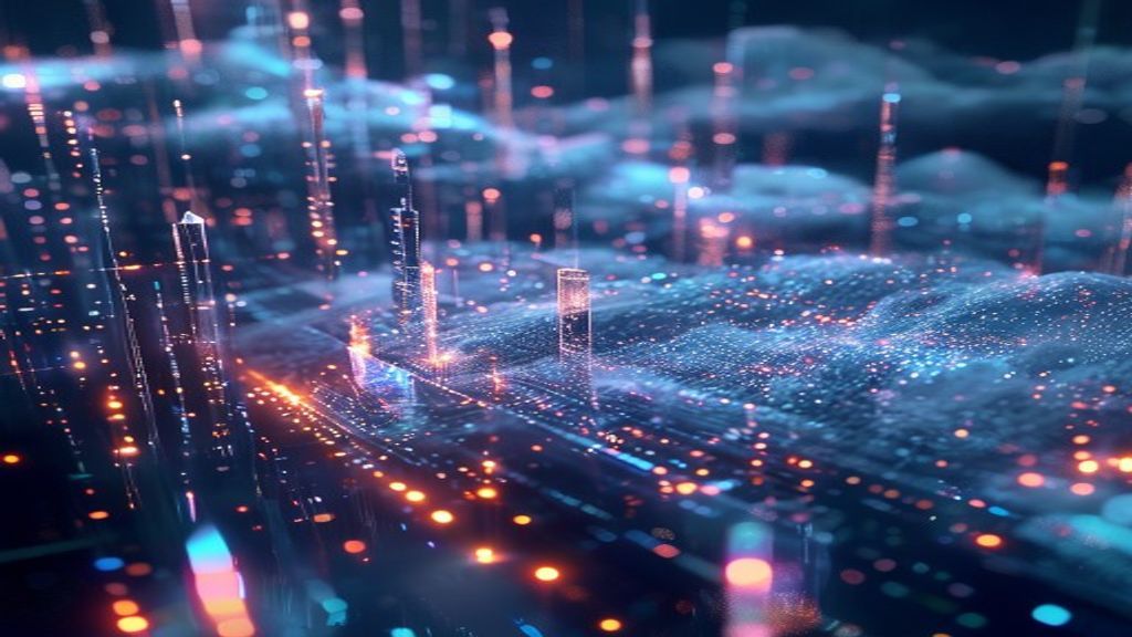 Digital streams of video data flowing through crystalline cloud infrastructure, frames multiplying across translucent layers, light refracting through geometric prisms, representing real-time video an