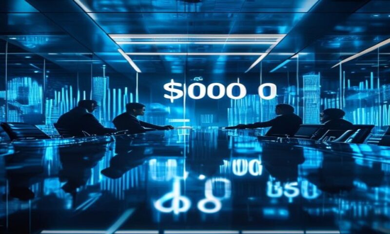 A sleek corporate boardroom bathed in cool blue light, with a glowing "$100B" display reflected in polished glass surfaces, executives shaking hands against a backdrop of ascending growth charts and A