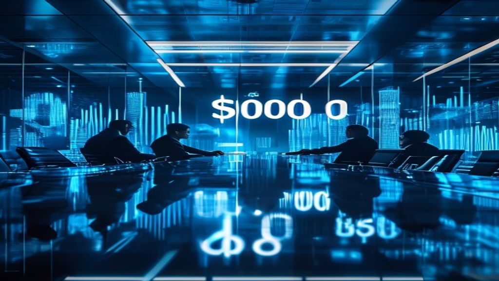 A sleek corporate boardroom bathed in cool blue light, with a glowing "$100B" display reflected in polished glass surfaces, executives shaking hands against a backdrop of ascending growth charts and A