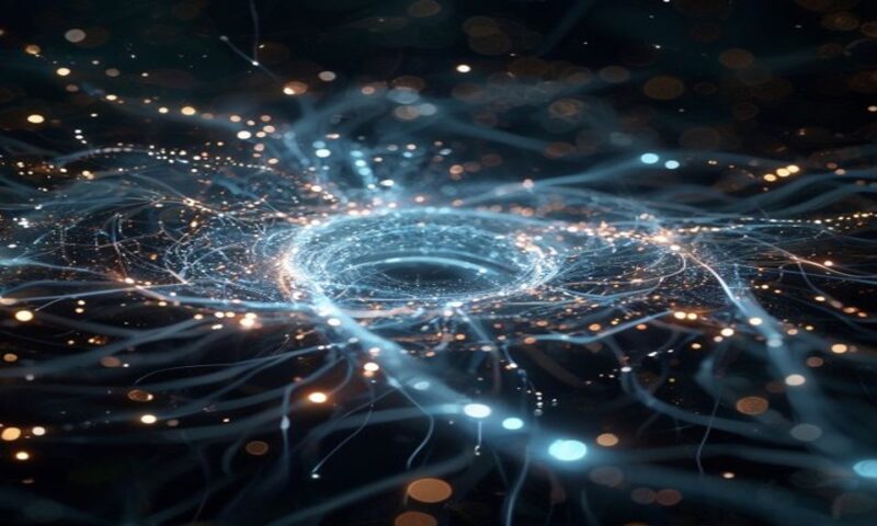 Glowing neural network pathways converging into a massive circular node, surrounded by flowing data streams and light particles representing a million tokens, against dark space background. cinematic,
