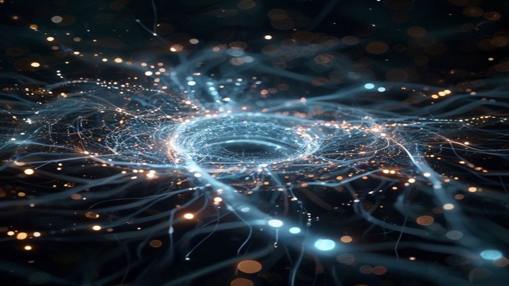 Glowing neural network pathways converging into a massive circular node, surrounded by flowing data streams and light particles representing a million tokens, against dark space background. cinematic,