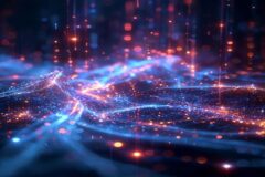 Advanced AI neural network flowing through crystalline structures, glowing data pathways interconnecting, abstract light streams representing safety guardrails and ethical guidelines, minimalist tech