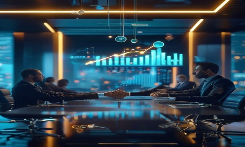 Sleek conference room with executives shaking hands over glowing digital charts showing upward growth trajectories, holographic AI nodes floating above a modern table, soft blue and gold lighting, cin
