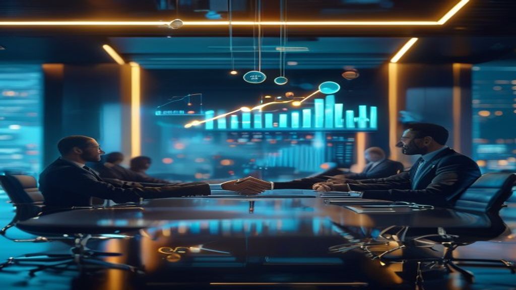 Sleek conference room with executives shaking hands over glowing digital charts showing upward growth trajectories, holographic AI nodes floating above a modern table, soft blue and gold lighting, cin