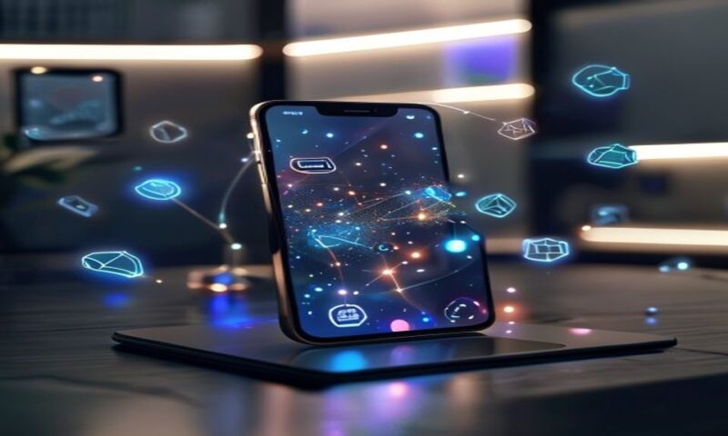 A sleek iPhone 17 Pro displaying glowing neural network patterns on its screen, surrounded by floating holographic AI nodes, set against a minimalist tech workspace with soft ambient lighting, cinemat
