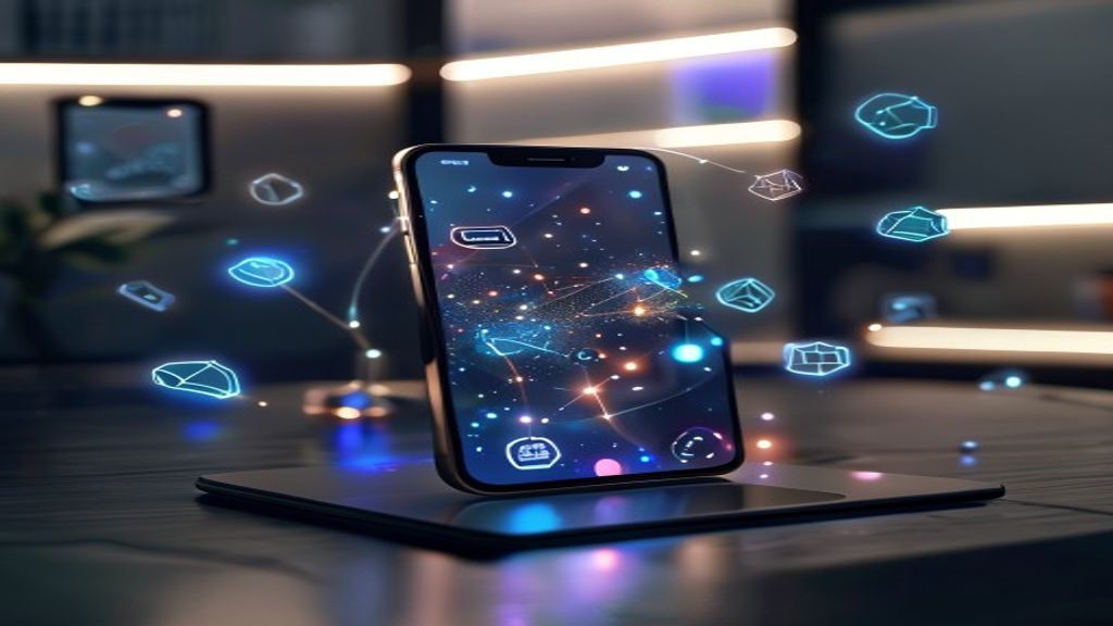 A sleek iPhone 17 Pro displaying glowing neural network patterns on its screen, surrounded by floating holographic AI nodes, set against a minimalist tech workspace with soft ambient lighting, cinemat