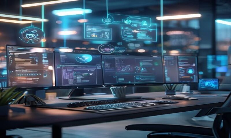 A professional workspace desk featuring multiple monitors displaying business dashboards and workflow diagrams, with holographic AI agent interfaces floating above, sleek modern office setting, cinema