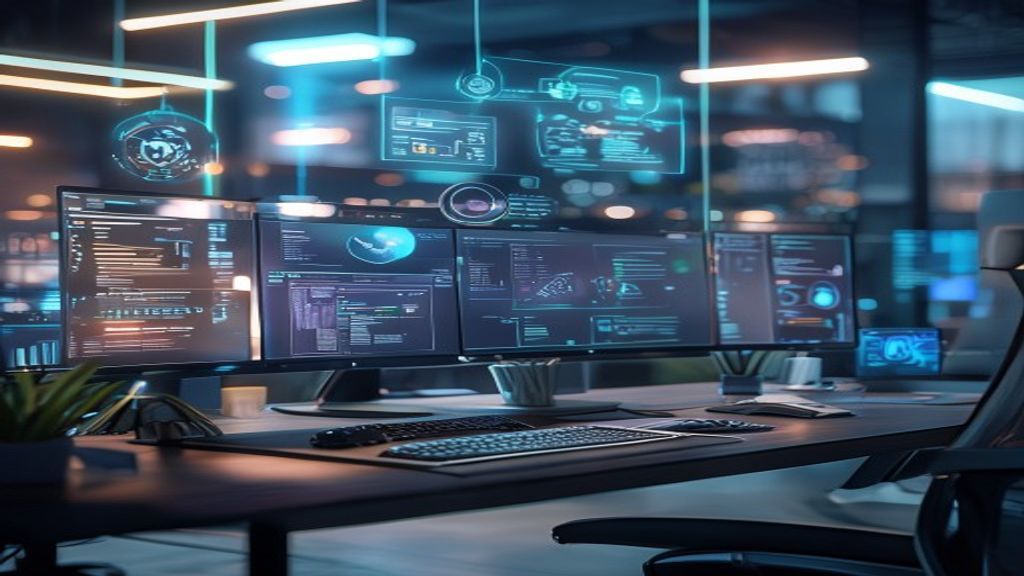A professional workspace desk featuring multiple monitors displaying business dashboards and workflow diagrams, with holographic AI agent interfaces floating above, sleek modern office setting, cinema