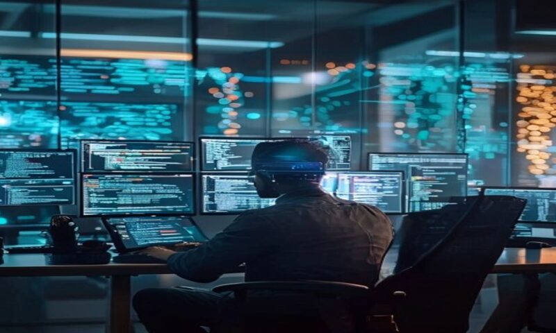 A professional sitting at a desk with multiple monitors displaying real-time meeting transcripts and AI summaries, digital data streams flowing across screens, organized notes appearing in real-time,