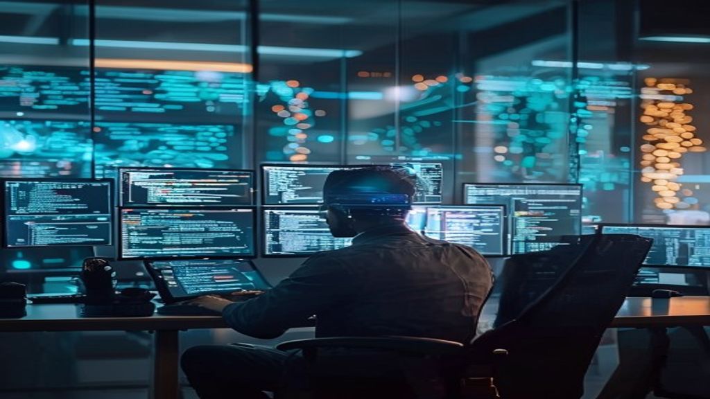 A professional sitting at a desk with multiple monitors displaying real-time meeting transcripts and AI summaries, digital data streams flowing across screens, organized notes appearing in real-time,
