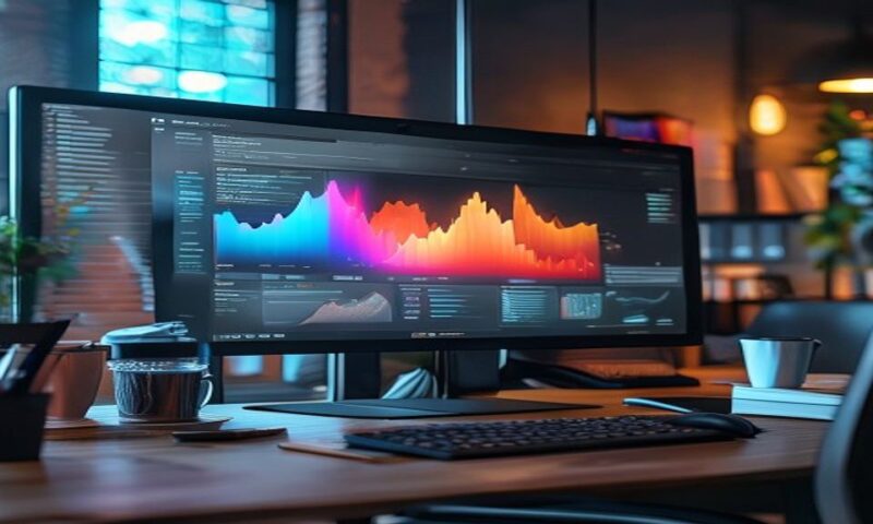 A professional workspace showing a sleek monitor displaying an evolving presentation with vibrant charts and layouts morphing in real-time, surrounded by coffee and notebooks, capturing the moment of