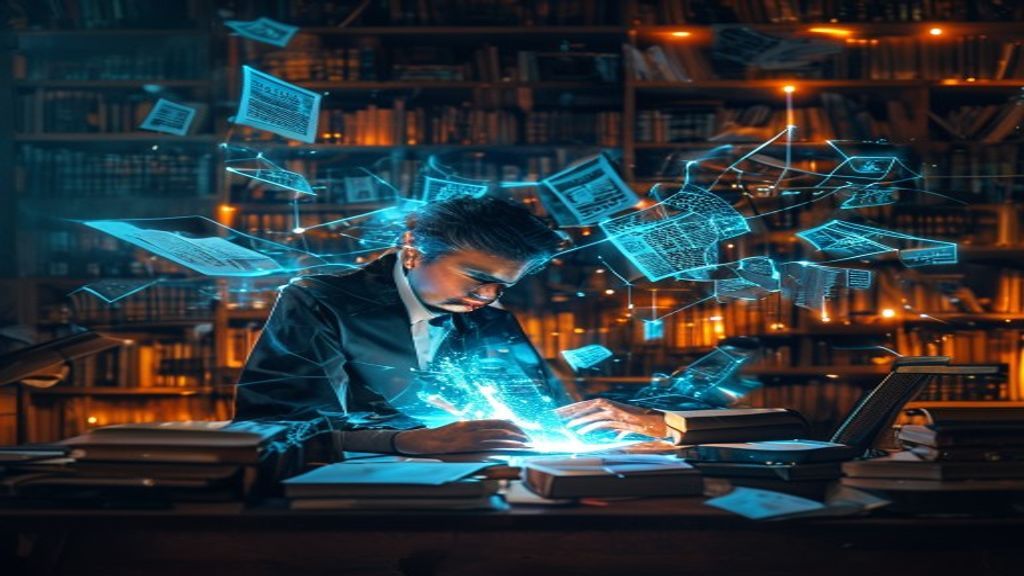 Scholar at desk surrounded by floating digital papers, data visualizations, and glowing research networks, laptop illuminated with analytical interfaces, books stacked nearby, cinematic, professional