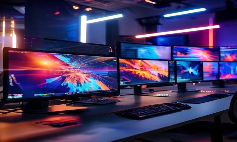 Multiple sleek computer monitors displaying vibrant, smooth video outputs side-by-side in a modern studio workspace, with dynamic light trails and professional lighting emphasizing quality and innovat
