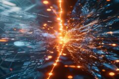 Abstract split-screen composition: left side shows flowing text and conversation bubbles merging into photorealistic imagery, right side displays intricate artistic brushstrokes crystallizing into det