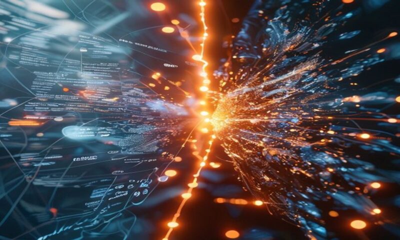 Abstract split-screen composition: left side shows flowing text and conversation bubbles merging into photorealistic imagery, right side displays intricate artistic brushstrokes crystallizing into det