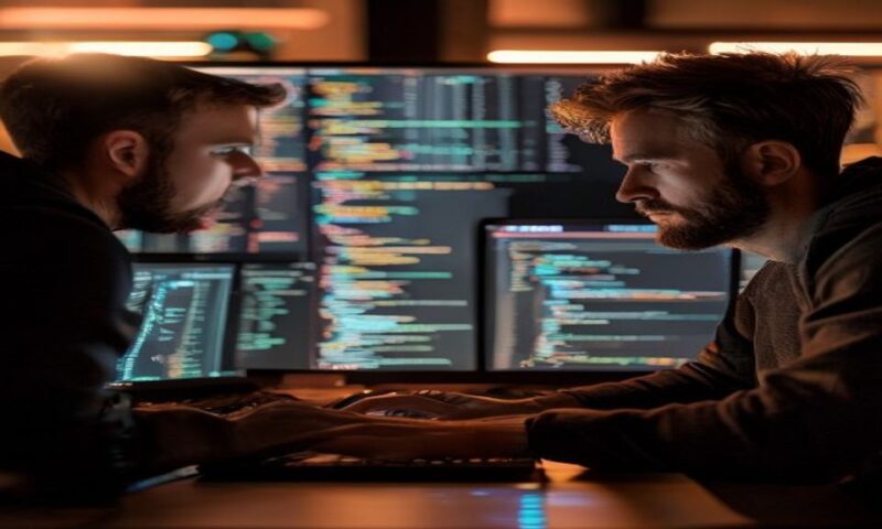 Two developers at laptops side-by-side, one focused on terminal output flowing with code, the other typing in a modern IDE interface, split-screen composition showing different workflows, warm desk li