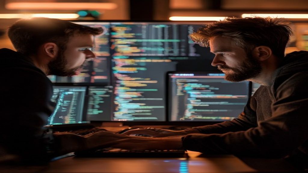 Two developers at laptops side-by-side, one focused on terminal output flowing with code, the other typing in a modern IDE interface, split-screen composition showing different workflows, warm desk li