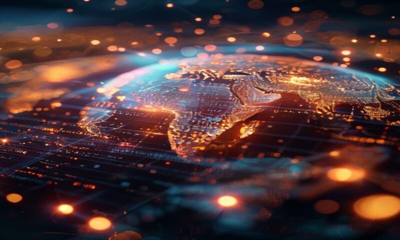 A globe spinning with glowing language characters and data streams flowing across continents, digital light bridges connecting different regions, representing global AI communication, cinematic, profe