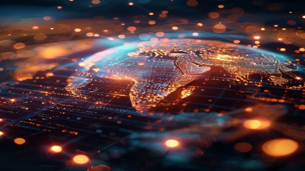 A globe spinning with glowing language characters and data streams flowing across continents, digital light bridges connecting different regions, representing global AI communication, cinematic, profe