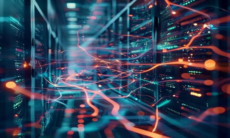 Enterprise AI system processing multilingual data streams, glowing neural network pathways connecting documents, citations flowing through digital architecture, corporate server room aesthetic, cinema