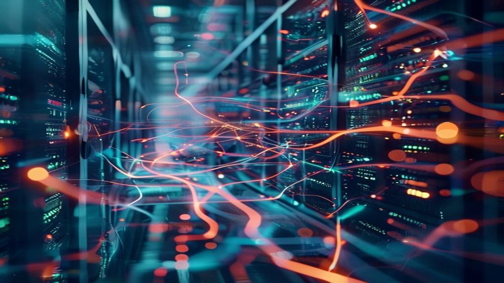 Enterprise AI system processing multilingual data streams, glowing neural network pathways connecting documents, citations flowing through digital architecture, corporate server room aesthetic, cinema
