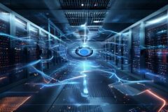 Enterprise server room with glowing data streams connecting to a central knowledge hub, documents flowing through digital pathways, professional lighting, cinematic, professional photography, 4k, dept