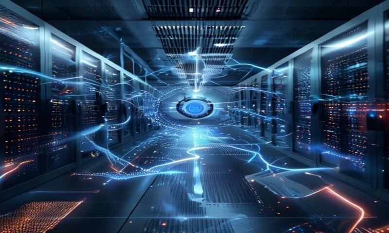 Enterprise server room with glowing data streams connecting to a central knowledge hub, documents flowing through digital pathways, professional lighting, cinematic, professional photography, 4k, dept