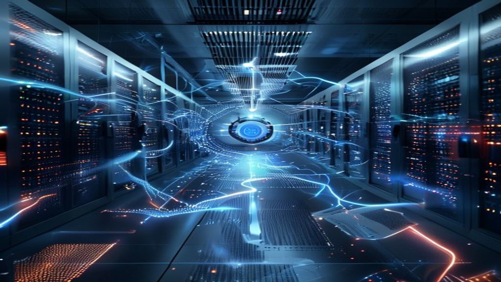 Enterprise server room with glowing data streams connecting to a central knowledge hub, documents flowing through digital pathways, professional lighting, cinematic, professional photography, 4k, dept