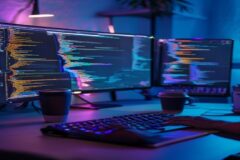 A developer's workstation at night with code streaming across dual monitors, glowing keyboard, coffee cup, notebook with scribbled notes, subtle neon blue and purple lighting, minimalist desk setup, f