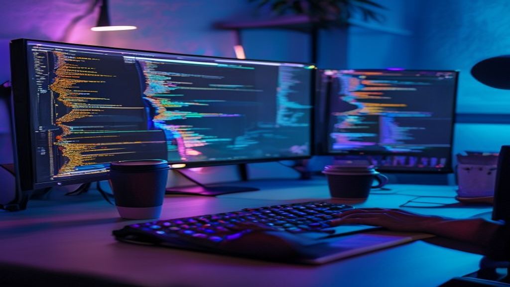 A developer's workstation at night with code streaming across dual monitors, glowing keyboard, coffee cup, notebook with scribbled notes, subtle neon blue and purple lighting, minimalist desk setup, f