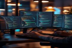 Developer at sleek desk with dual monitors glowing softly, hands typing on mechanical keyboard, code flowing across screens with subtle AI-assisted highlights, modern minimalist office environment, wa