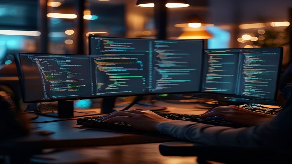 Developer at sleek desk with dual monitors glowing softly, hands typing on mechanical keyboard, code flowing across screens with subtle AI-assisted highlights, modern minimalist office environment, wa