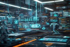 Futuristic control center with holographic data flows and SQL queries floating in mid-air, glowing analytics dashboards, autonomous AI agents visualized as digital entities navigating interconnected d