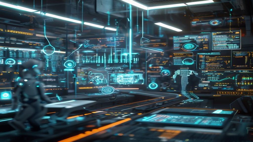 Futuristic control center with holographic data flows and SQL queries floating in mid-air, glowing analytics dashboards, autonomous AI agents visualized as digital entities navigating interconnected d
