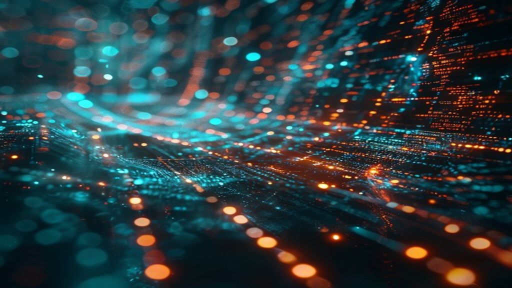 Abstract visualization of mathematical proofs flowing through neural networks, with glowing code symbols and geometric verification checkmarks materializing in digital space, cinematic, professional p