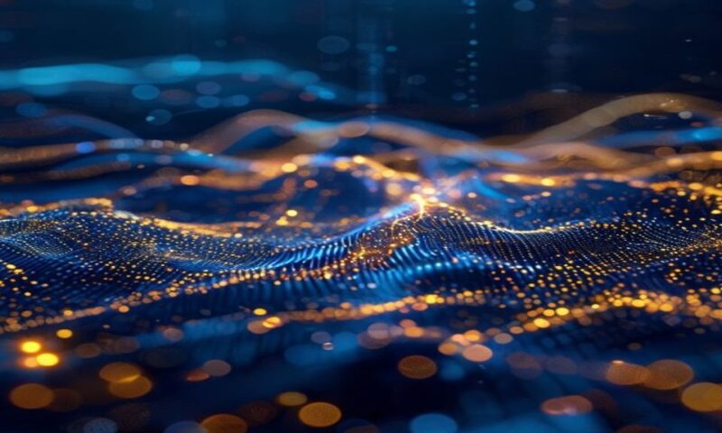 Open-source code flowing through glowing neural networks, a split-screen showing Eastern and Western tech innovation competing globally, abstract data streams in deep blues and golds, representing bre