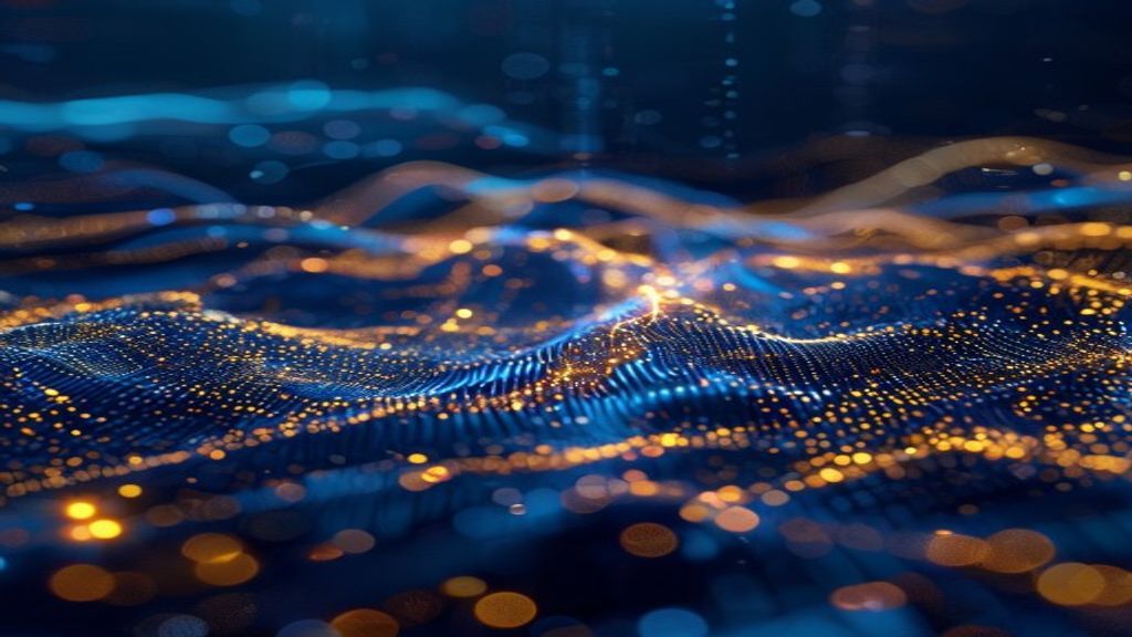 Open-source code flowing through glowing neural networks, a split-screen showing Eastern and Western tech innovation competing globally, abstract data streams in deep blues and golds, representing bre