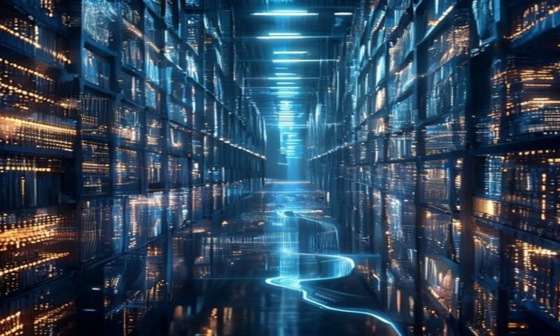 A vast digital library with infinite towering shelves of glowing data streams, information flowing like rivers of light through crystalline structures, representing massive context capacity and cohere