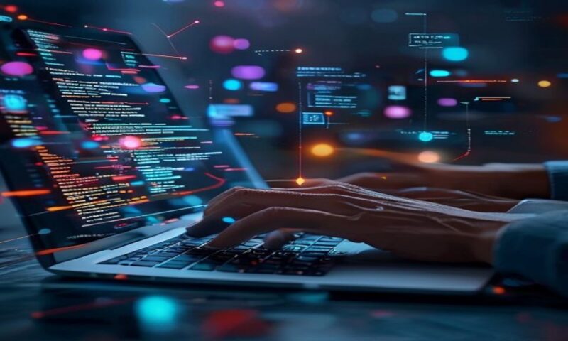 Developer hands typing code on a modern laptop screen glowing with nested function hierarchies and AI-generated suggestions flowing across the interface, surrounded by floating geometric shapes repres