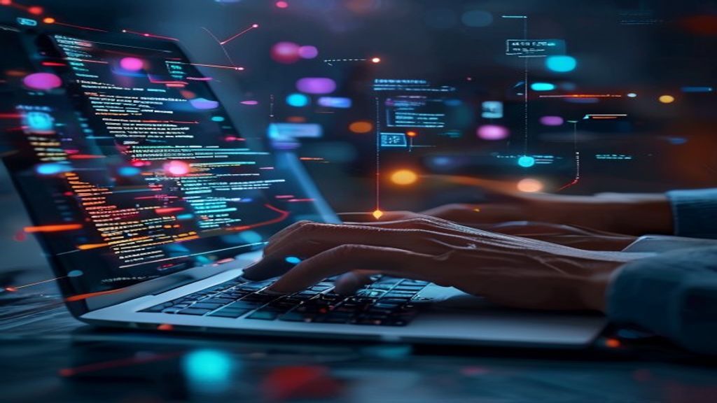 Developer hands typing code on a modern laptop screen glowing with nested function hierarchies and AI-generated suggestions flowing across the interface, surrounded by floating geometric shapes repres