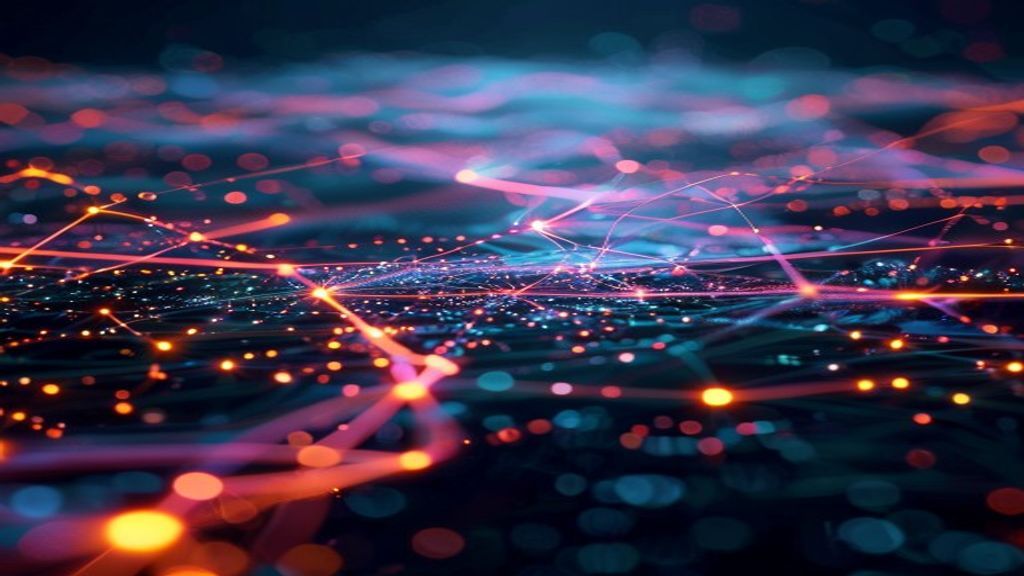 Futuristic abstract visualization of interconnected nodes and data streams flowing together, representing corporate consolidation and strategic partnerships in AI industry landscape, cinematic, profes