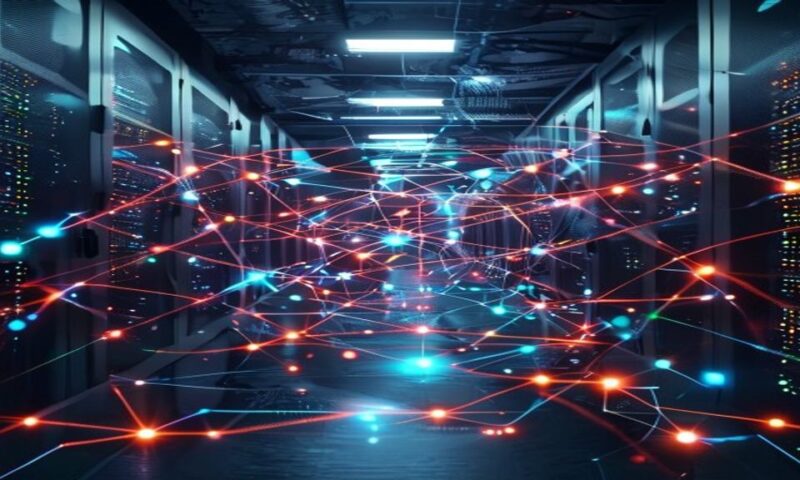 Futuristic AI agent network visualization with interconnected nodes and autonomous workflows, glowing digital pathways representing multi-step processes, modern server room aesthetic, cinematic, profe
