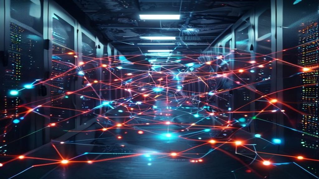 Futuristic AI agent network visualization with interconnected nodes and autonomous workflows, glowing digital pathways representing multi-step processes, modern server room aesthetic, cinematic, profe