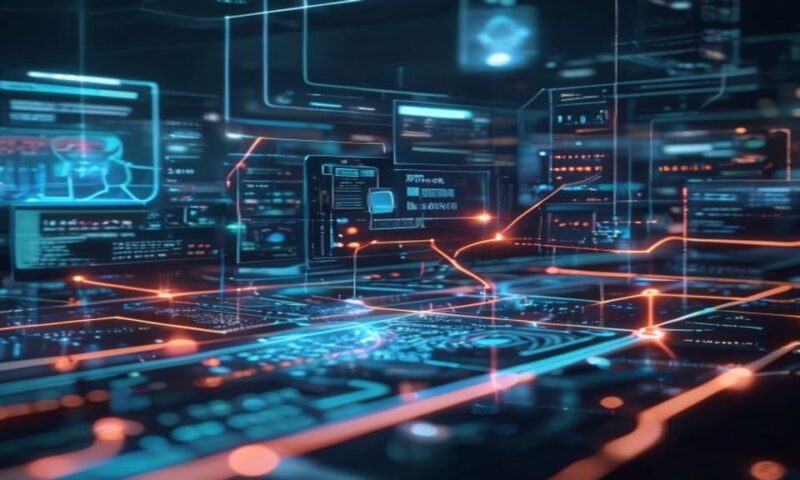 AI assistant seamlessly connecting to multiple digital tools and databases, glowing neural pathways flowing between interconnected nodes, futuristic control interface with holographic data streams, ci
