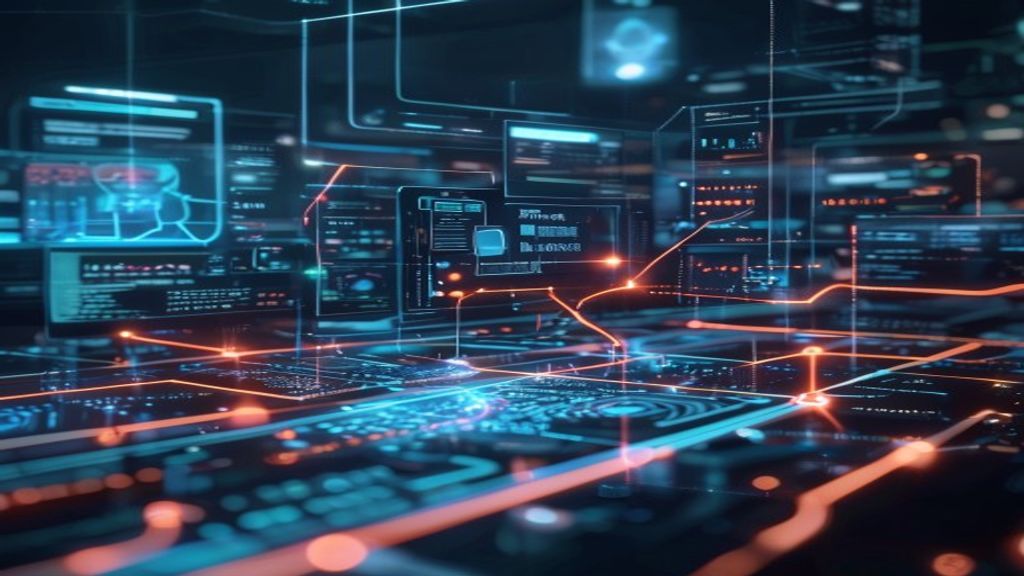 AI assistant seamlessly connecting to multiple digital tools and databases, glowing neural pathways flowing between interconnected nodes, futuristic control interface with holographic data streams, ci