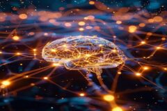 A glowing neural network visualization with interconnected nodes and pathways lighting up in sequence, revealing internal thought processes as golden threads flowing through a transparent digital brai